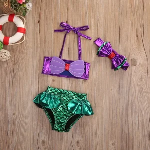 Maillot de bain sirène pour bébé fille de 0 à 5 ans – Ensemble bikini 3 pièces avec haut dos nu, bas taille haute et bandeau à nœud | Maillots de bain d'été