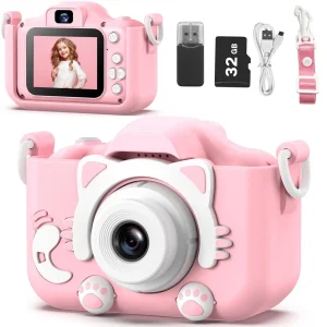 Appareil photo numérique HD 1080p pour enfants avec étui en silicone – Caméra vidéo compacte avec carte mémoire de 32 Go pour garçons et filles de 3 à 12 ans
