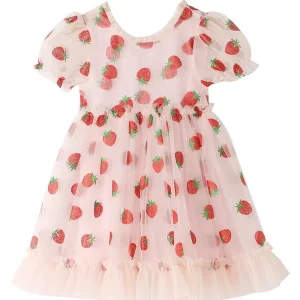 Robe rose fraise à manches bouffantes
