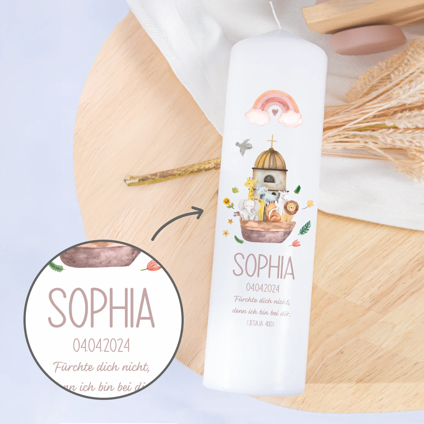 Personalisierte Taufkerze "Tiere auf der Arche" – Image 2