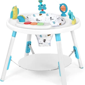 Porte-bébé convertible 3-en-1 et table d'activités (Bleu/Blanc) - Siège rotatif à 360°, avec jouets interactifs amovibles