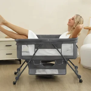 Berceau 3 en 1 pour bébé avec fonction bascule – Berceau portable pour nouveau-né avec hauteur réglable, moustiquaire et panier de rangement