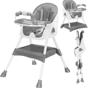 Chaise haute bébé 3-en-1 pliable avec plateau double couche réglable, siège convertible pour tout-petit et chaise de bureau, avec harnais de sécurité 5 points (6 mois–3 ans)