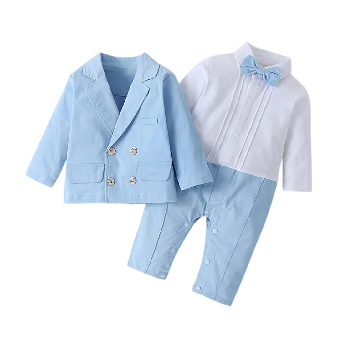 Ensemble 3 pièces barboteuse et blazer bleu ciel pour bébé – Image 2
