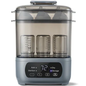 Stérilisateur et séchoir à biberons 4 en 1 : conservation 72 h, séchage rapide 30 min, grande capacité pour 6 biberons et accessoires.