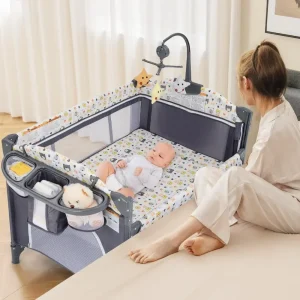 Berceau cododo 5 en 1 pour bébé : berceau, table à langer, matelas et sac de transport avec boîte à musique et jouets suspendus