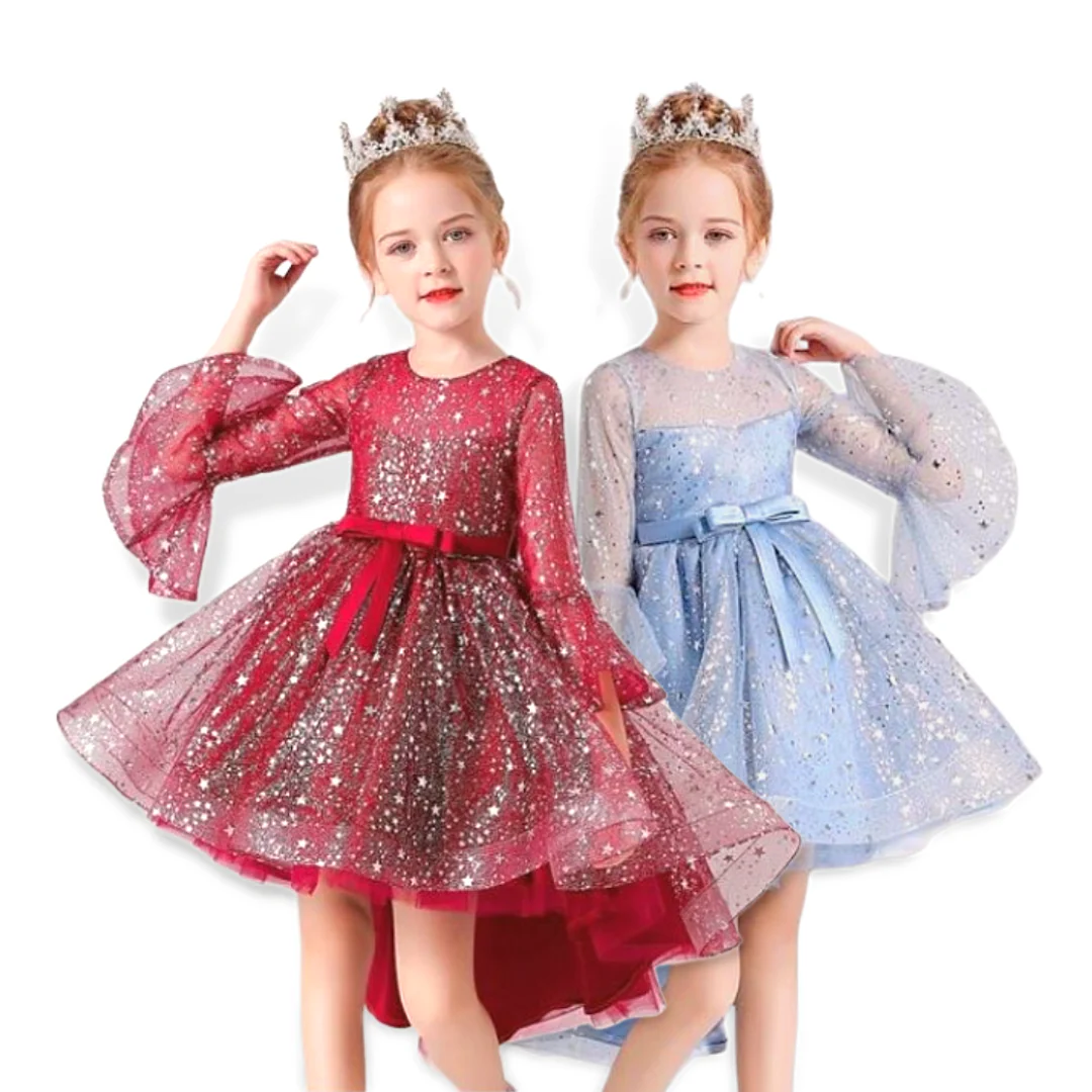 Robe de soirée tendance à dos long et étoiles scintillantes pour filles