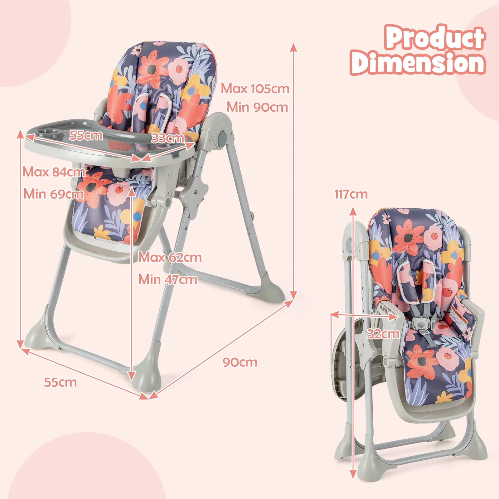Chaise haute bébé pliable 6-en-1 - 6 niveaux de hauteur, 3 positions inclinables, Tablette lavable, Rangement compact – Image 2