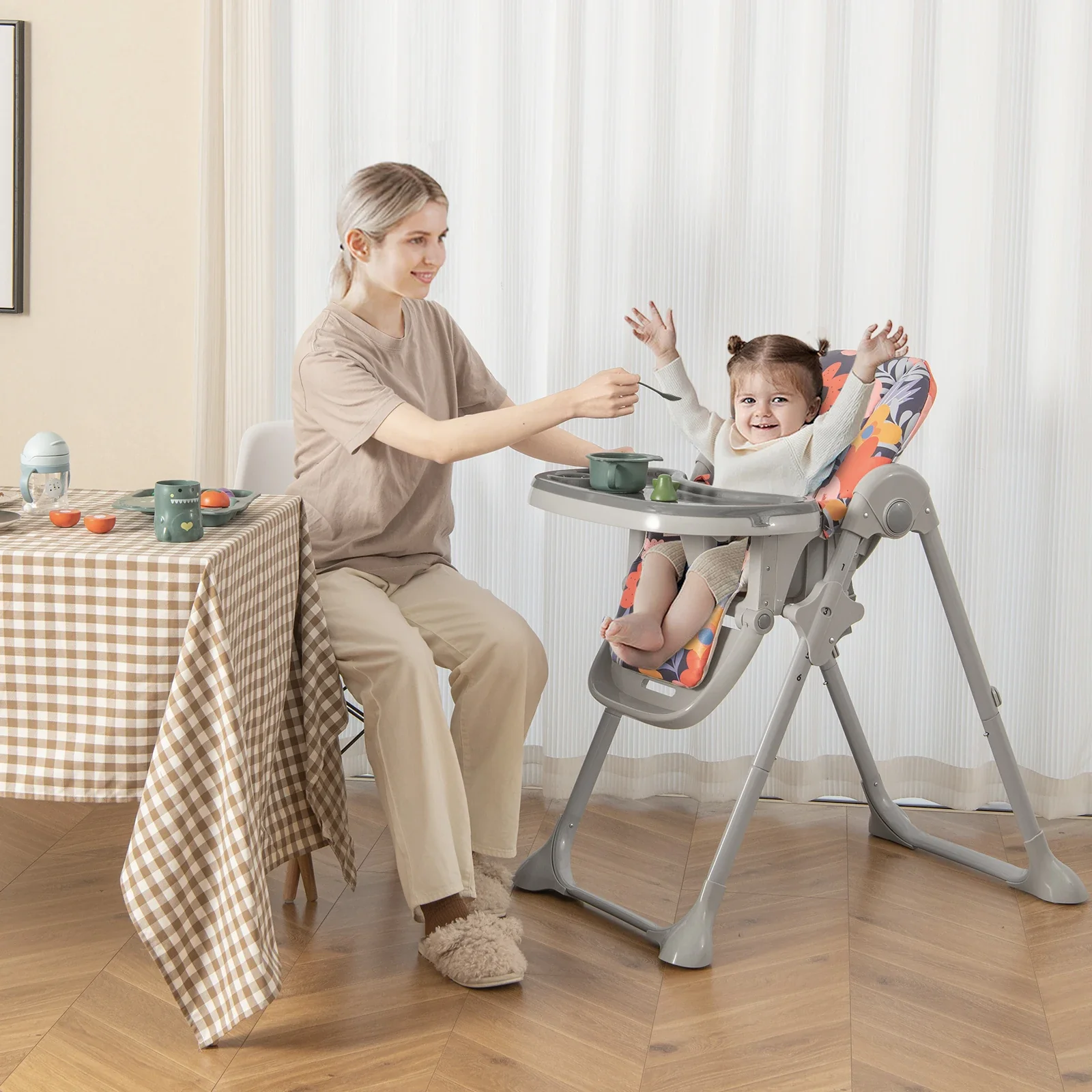 Chaise haute bébé pliable 6-en-1 - 6 niveaux de hauteur, 3 positions inclinables, Tablette lavable, Rangement compact – Image 3