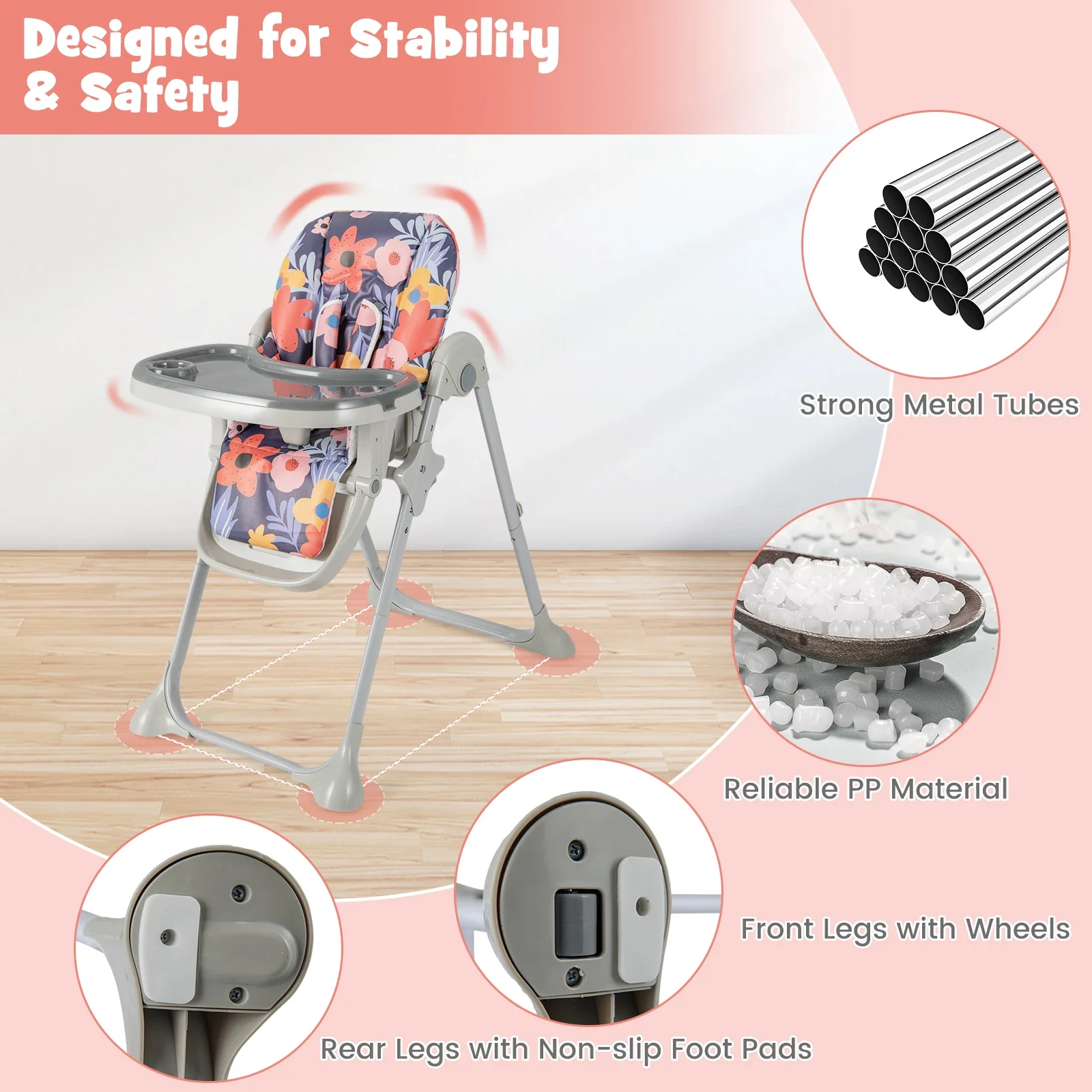 Chaise haute bébé pliable 6-en-1 - 6 niveaux de hauteur, 3 positions inclinables, Tablette lavable, Rangement compact – Image 4