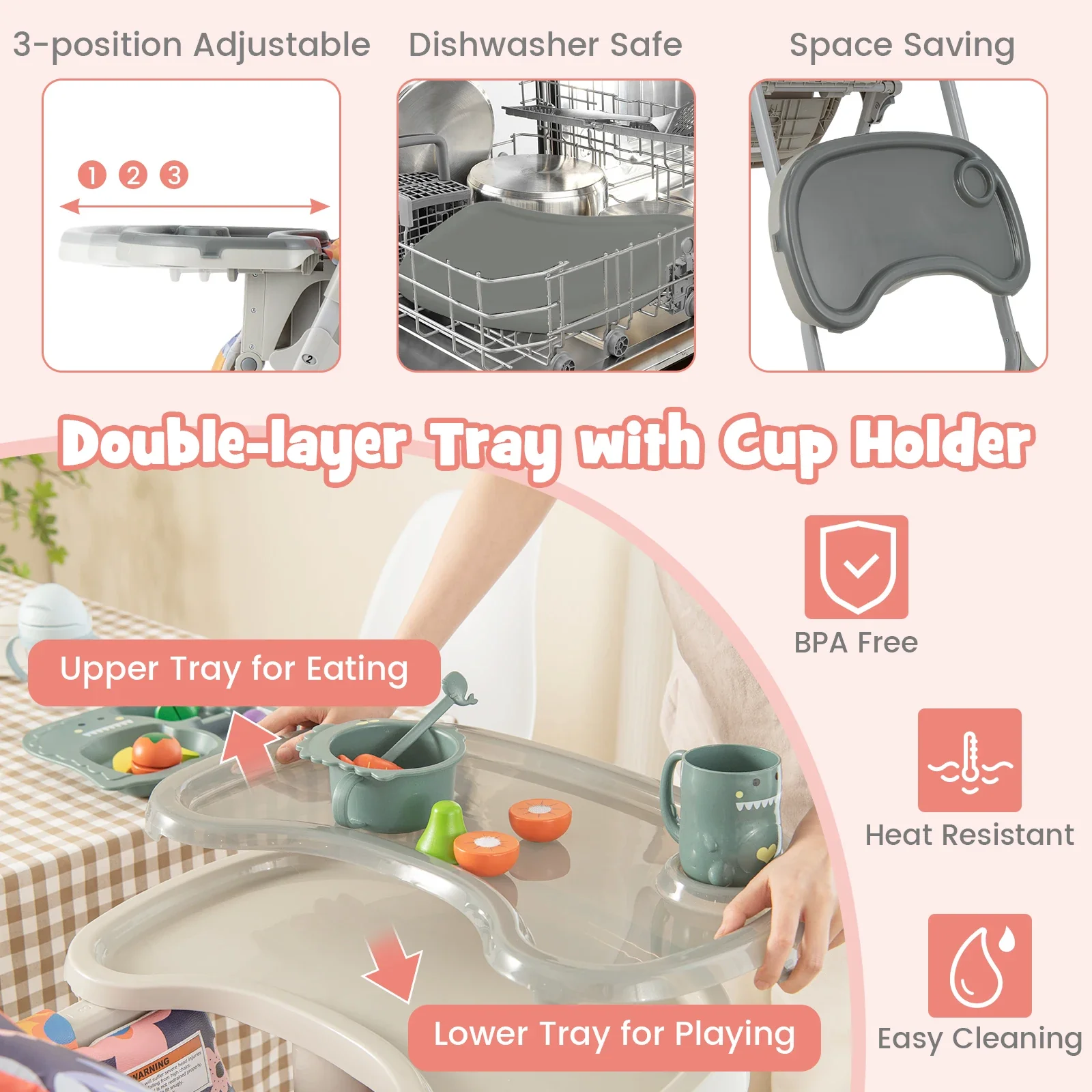 Chaise haute bébé pliable 6-en-1 - 6 niveaux de hauteur, 3 positions inclinables, Tablette lavable, Rangement compact – Image 6