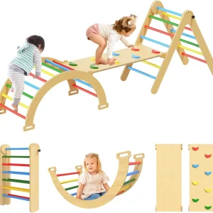 Ensemble d'escalade triangulaire 7 en 1 – Jouets d'escalade pliables en bois pour tout-petits de 1 à 6 ans – Gymnase d'intérieur avec rampe, arche et mur d'escalade