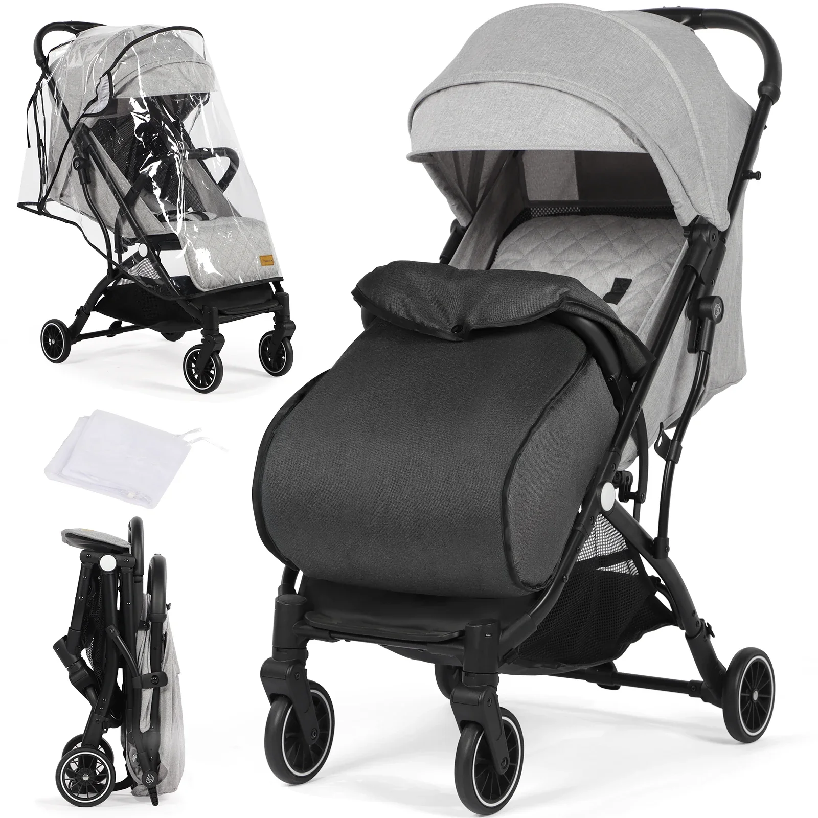 Poussette compacte légère toute saison (0-36 mois) - Siège inclinable multi-positions, pliage rapide, inclut une couverture pour les pieds, une protection contre la pluie et une moustiquaire