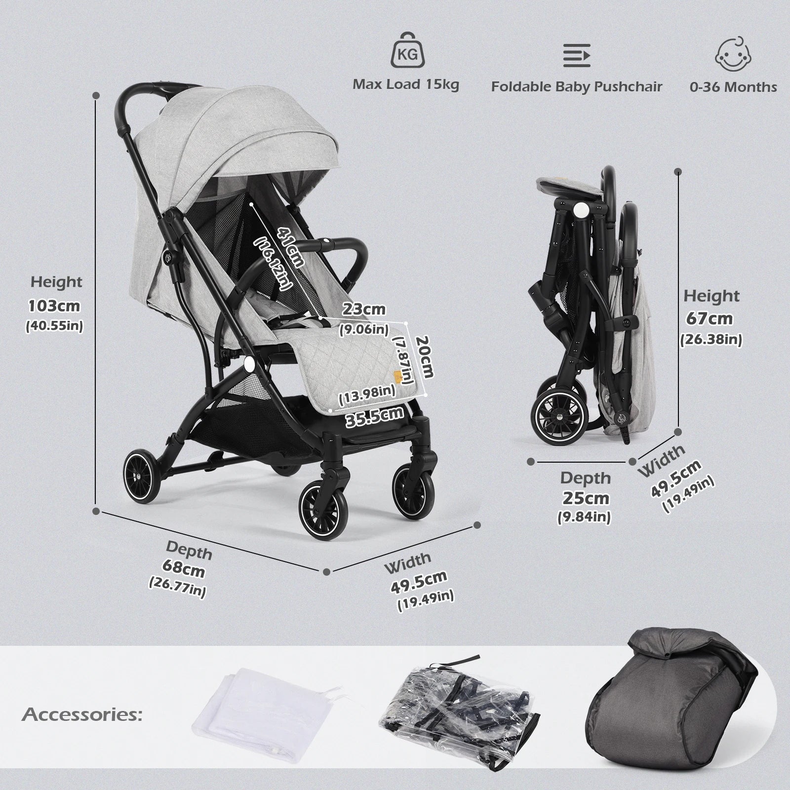 Poussette compacte légère toute saison (0-36 mois) - Siège inclinable multi-positions, pliage rapide, inclut une couverture pour les pieds, une protection contre la pluie et une moustiquaire – Image 2