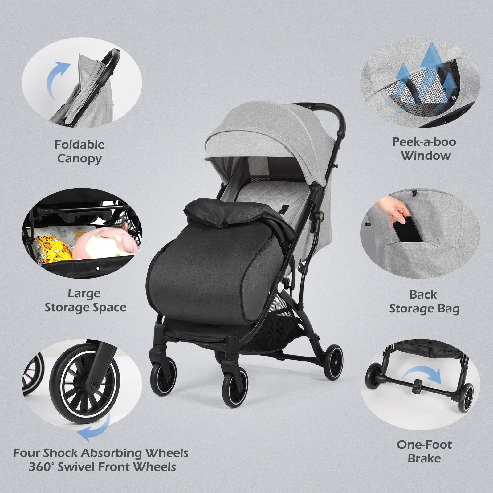 Poussette compacte légère toute saison (0-36 mois) - Siège inclinable multi-positions, pliage rapide, inclut une couverture pour les pieds, une protection contre la pluie et une moustiquaire – Image 3