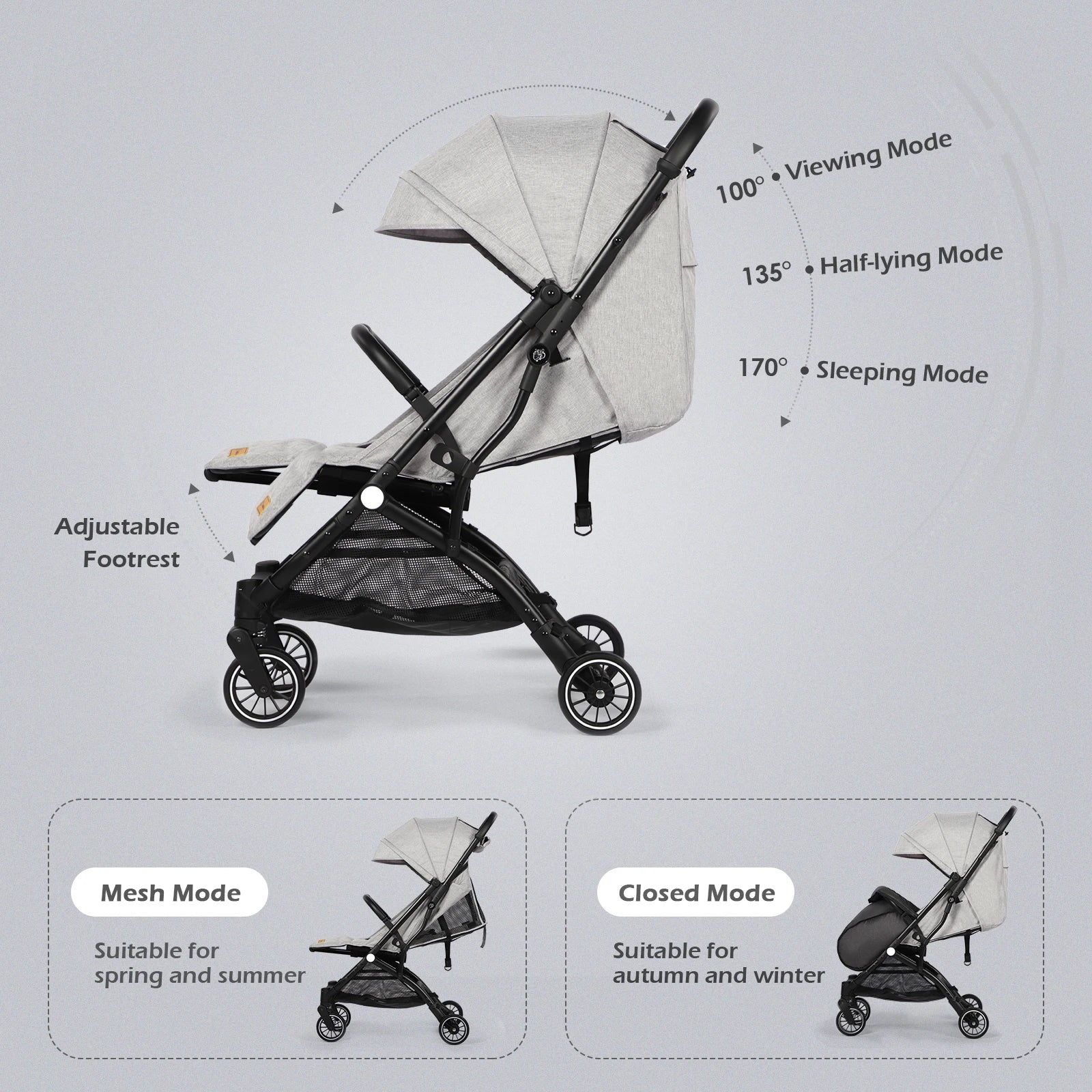 Poussette compacte légère toute saison (0-36 mois) - Siège inclinable multi-positions, pliage rapide, inclut une couverture pour les pieds, une protection contre la pluie et une moustiquaire – Image 4