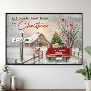 Tous les chemins mènent à la maison à Noël – Poster d’hiver personnalisé avec nom de famille