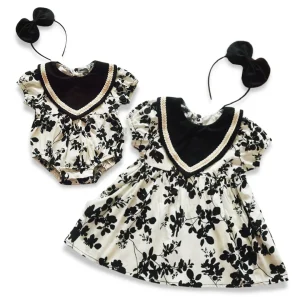 Tenue assortie pour frères et sœurs avec col pour bébé et imprimé feuilles noires