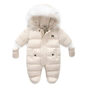 Combinaison parka pour bébé avec capuche en fourrure amovible et moufles