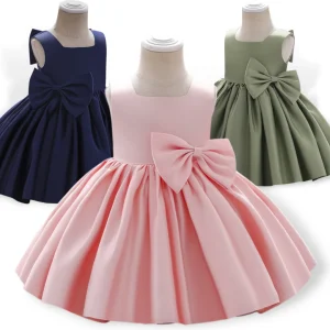 Robe de soirée sans manches en soie à gros nœud pour bébé fille