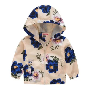 Veste coupe-vent à capuche à fleurs bleues