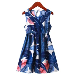 Robe d'été fille à feuilles tropicales bleues