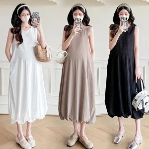 Robe de maternité à ourlet bouffant – Robe d'été sans manches avec dos en ruban, tenue de grossesse grande taille