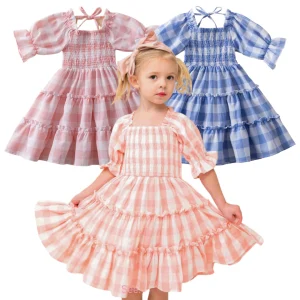 Robe d'été à carreaux et manches lanternes pour fille