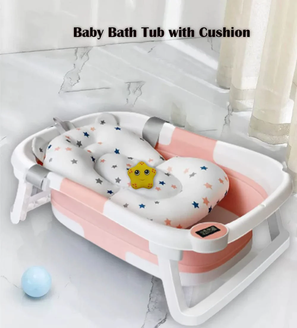 Baignoire bébé escamotable avec thermomètre numérique, capteur de chaleur de sécurité et coussin doux pour nouveau-né, baignoire portable antidérapante (0-3 ans) – Image 2