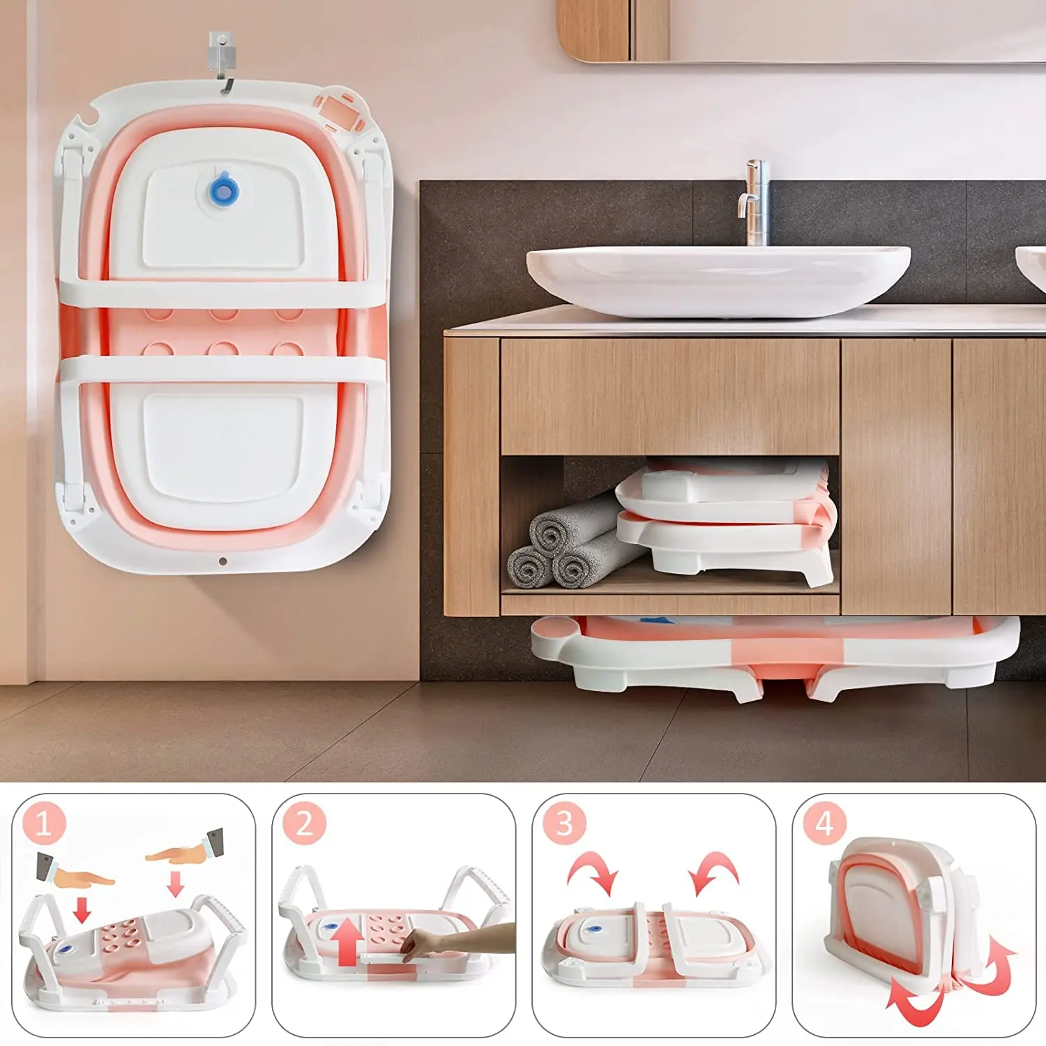 Baignoire bébé escamotable avec thermomètre numérique, capteur de chaleur de sécurité et coussin doux pour nouveau-né, baignoire portable antidérapante (0-3 ans) – Image 5
