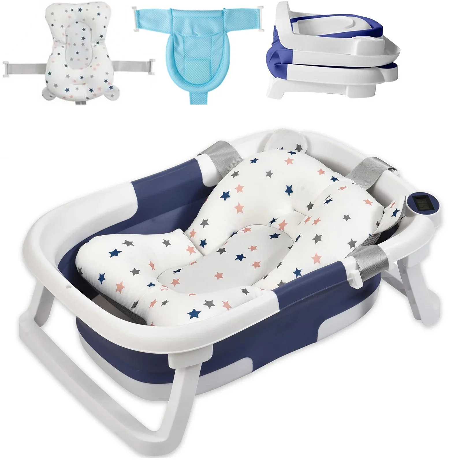 Baignoire bébé escamotable avec thermomètre numérique, capteur de chaleur de sécurité et coussin doux pour nouveau-né, baignoire portable antidérapante (0-3 ans) – Image 7