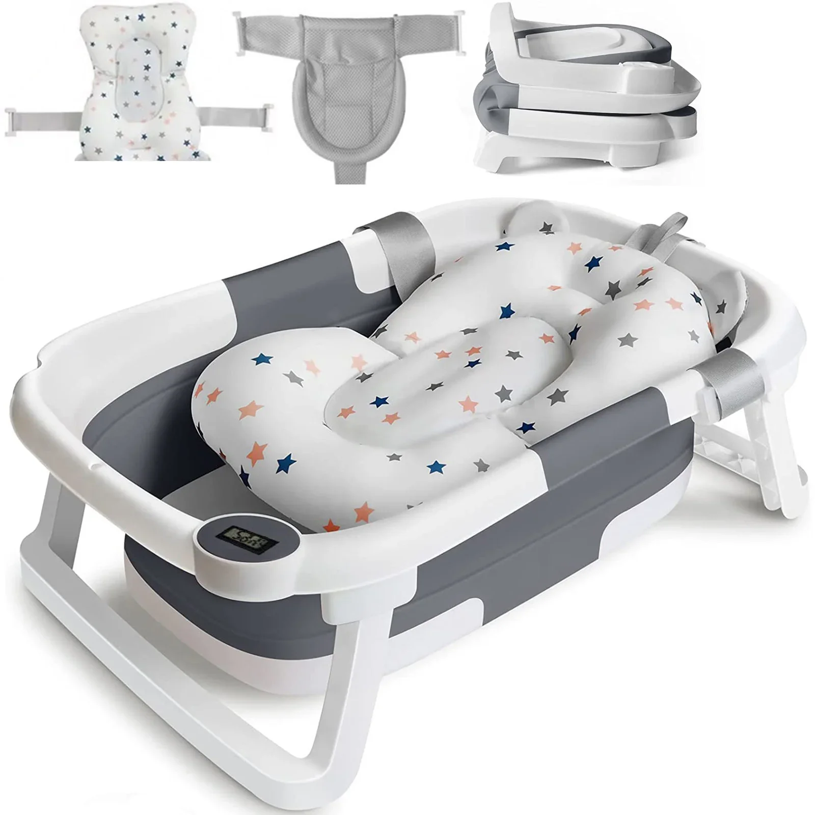 Baignoire bébé escamotable avec thermomètre numérique, capteur de chaleur de sécurité et coussin doux pour nouveau-né, baignoire portable antidérapante (0-3 ans) – Image 9