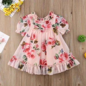 Robe de princesse pour bébé à manches bouffantes et imprimé floral 3D