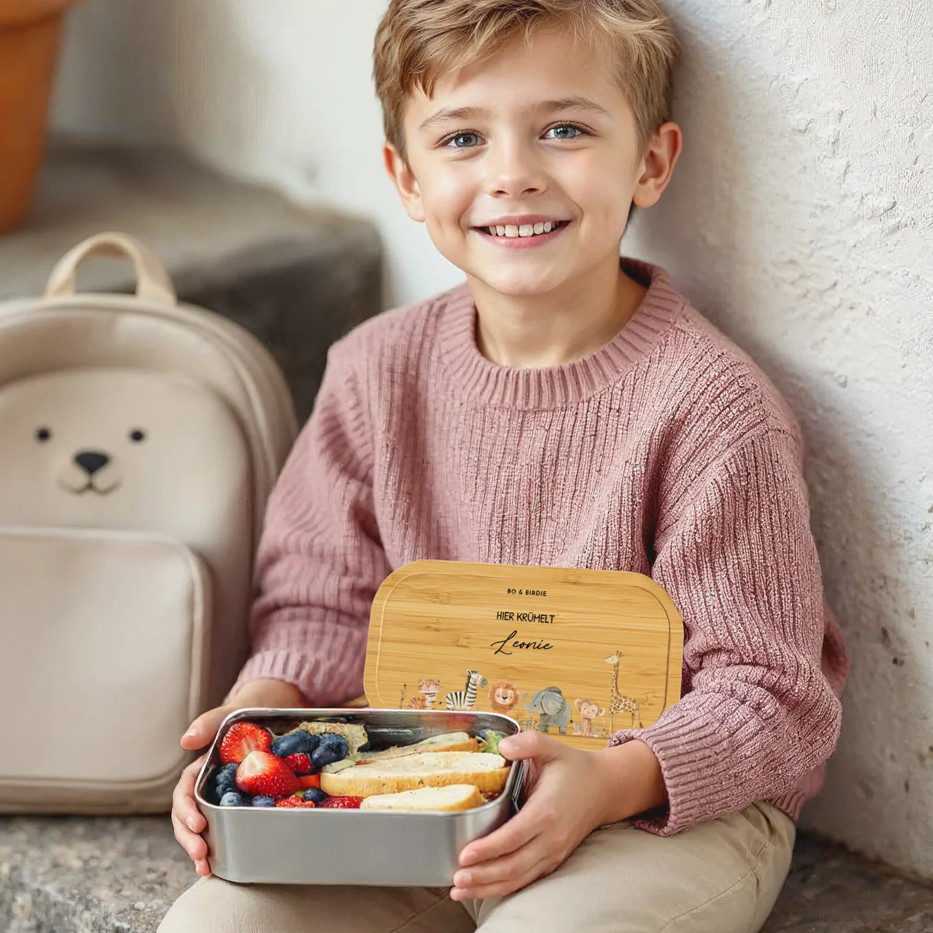 Personalisierte Brotdose mit Bambusdeckel "Safari Tiere" – Image 2