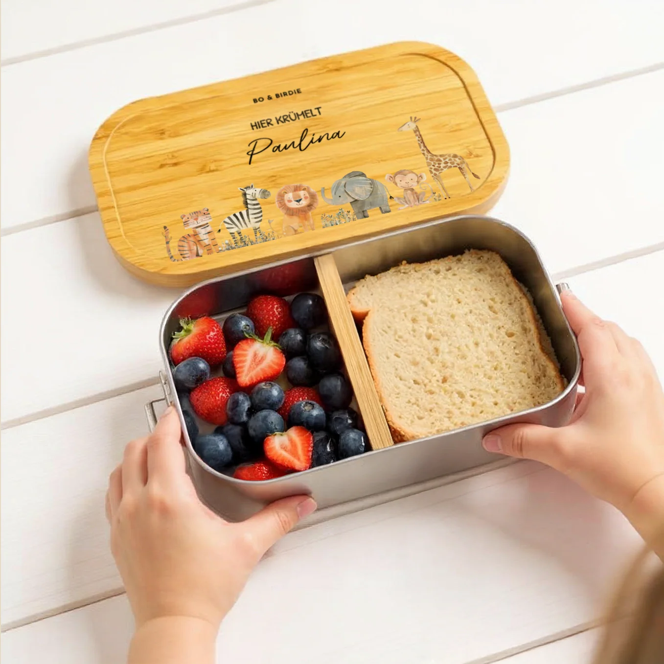 Personalisierte Brotdose mit Bambusdeckel "Safari Tiere" – Image 3