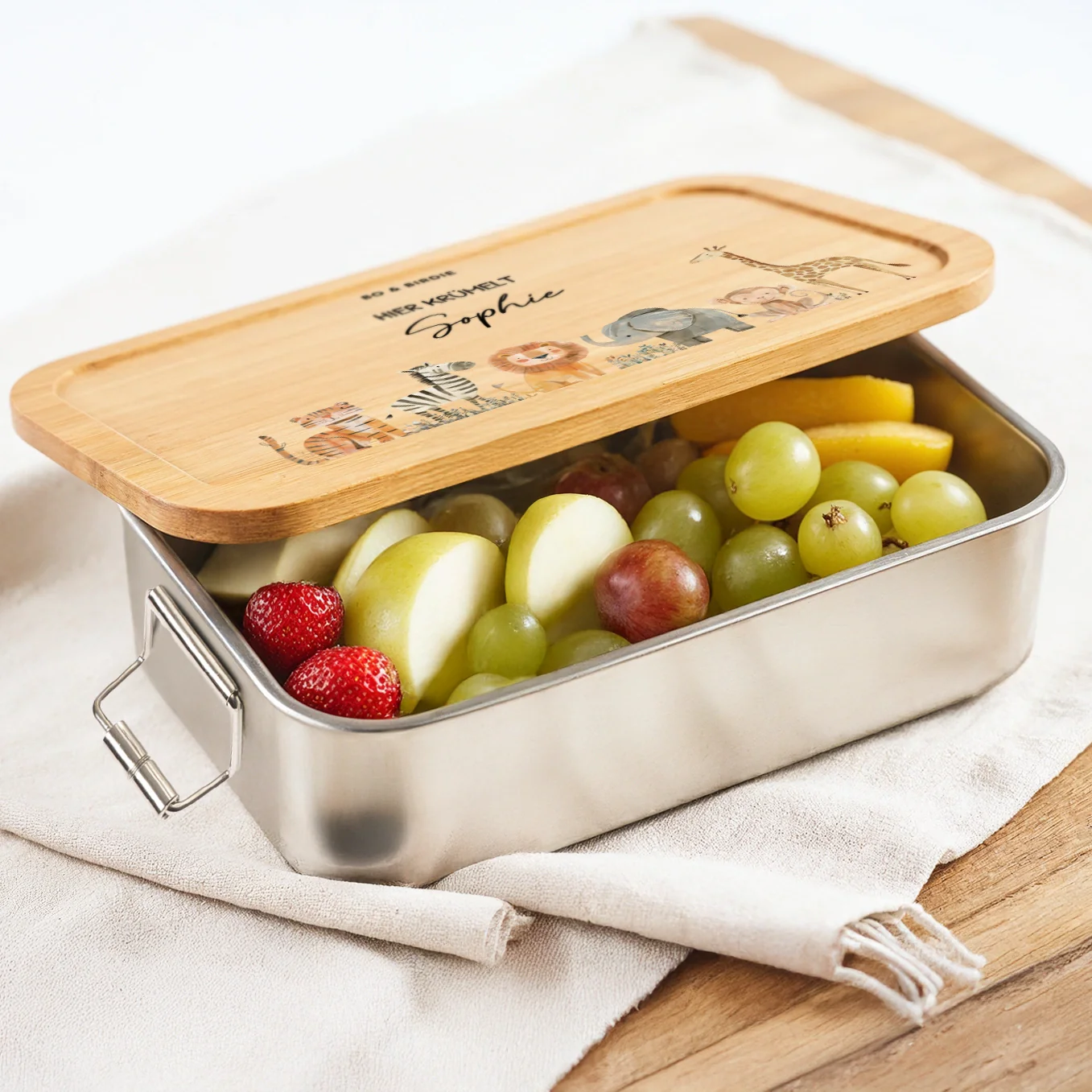 Personalisierte Brotdose mit Bambusdeckel "Safari Tiere" – Image 4