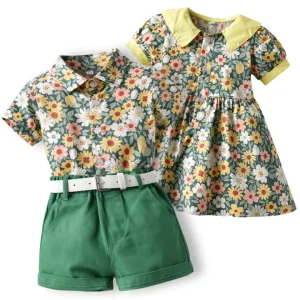 Tenue d'été assortie pour garçon et fille à motifs de marguerites et de tournesols