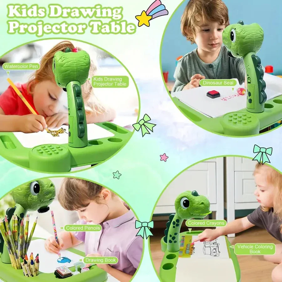 Planche à dessin avec projecteur de dinosaures – Jouet d'art et de puzzle pour enfants, kit de peinture éducatif avec musique, 3 ans et plus, orange/vert/rose – Image 2