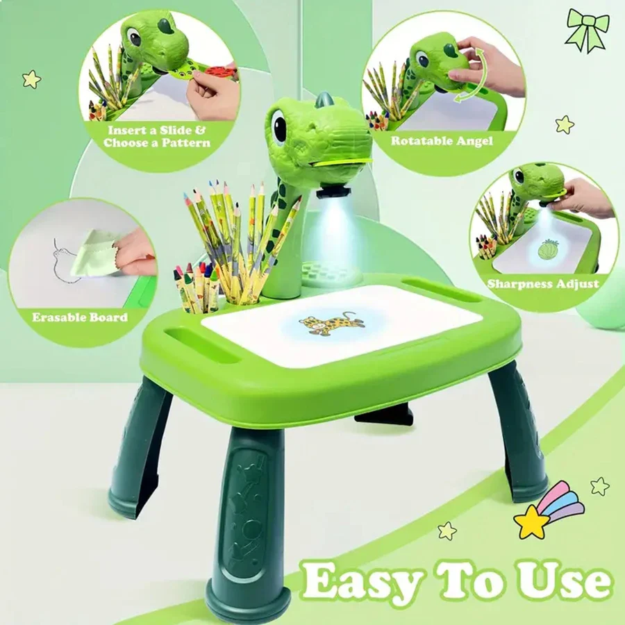Planche à dessin avec projecteur de dinosaures – Jouet d'art et de puzzle pour enfants, kit de peinture éducatif avec musique, 3 ans et plus, orange/vert/rose – Image 3