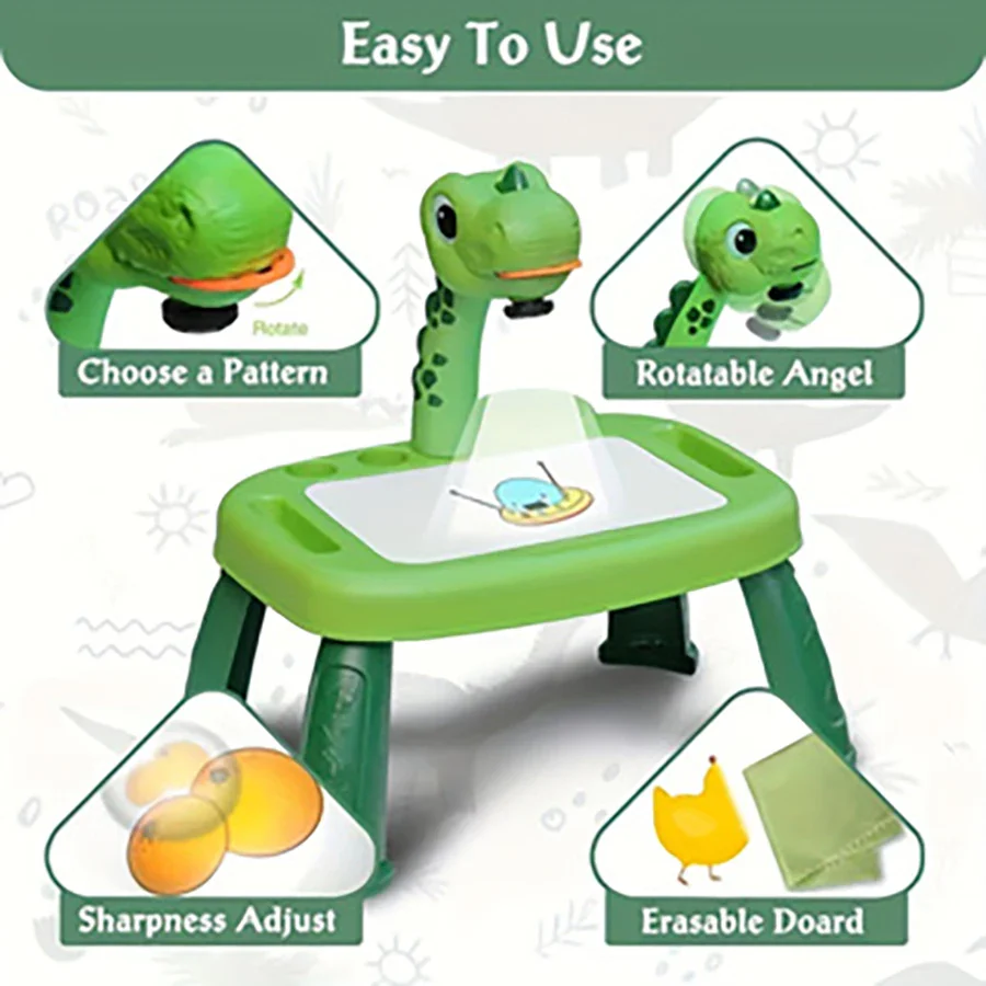 Planche à dessin avec projecteur de dinosaures – Jouet d'art et de puzzle pour enfants, kit de peinture éducatif avec musique, 3 ans et plus, orange/vert/rose – Image 4