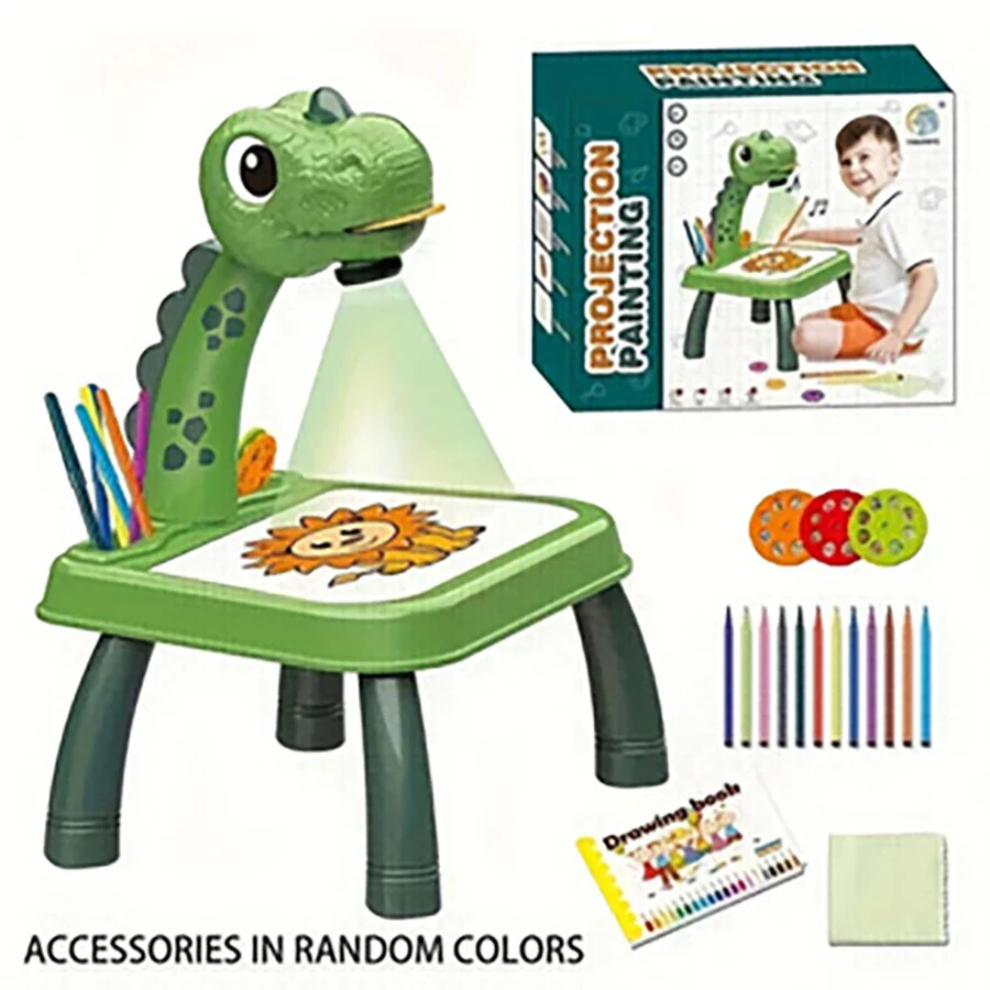 Planche à dessin avec projecteur de dinosaures – Jouet d'art et de puzzle pour enfants, kit de peinture éducatif avec musique, 3 ans et plus, orange/vert/rose – Image 6