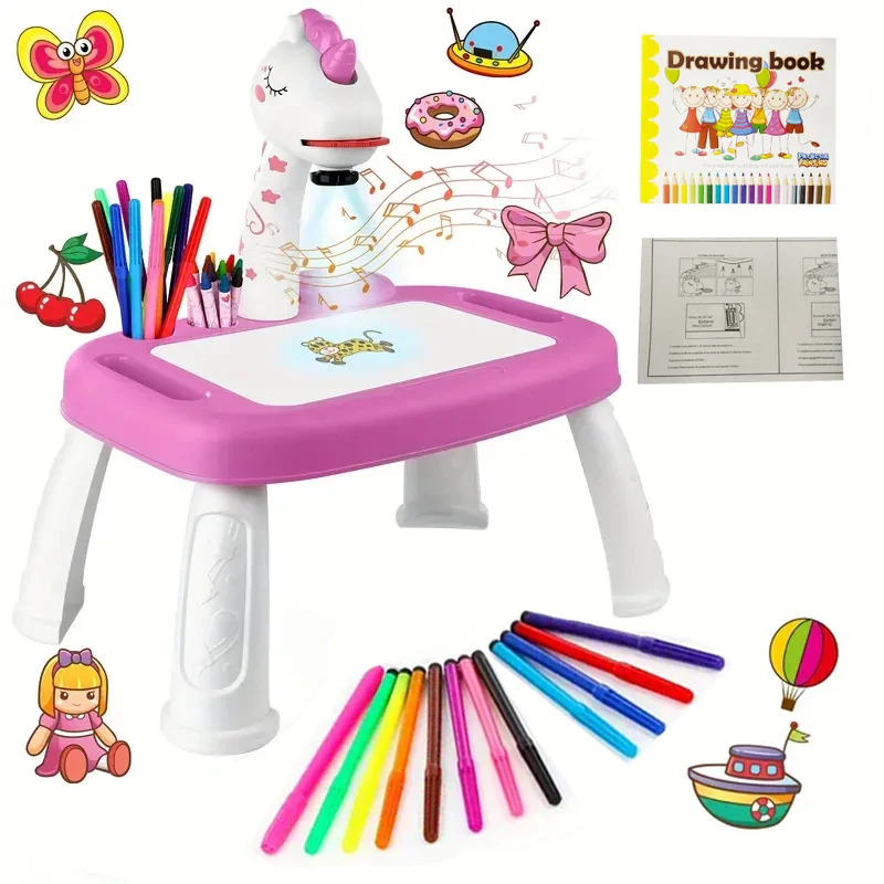 Planche à dessin avec projecteur de dinosaures – Jouet d'art et de puzzle pour enfants, kit de peinture éducatif avec musique, 3 ans et plus, orange/vert/rose – Image 8