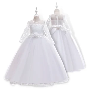 Robe blanche élégante à manches longues et haut en dentelle florale pour filles