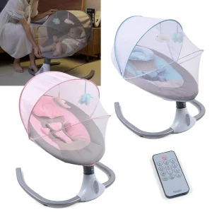 Balancelle électrique automatique pour bébé et berceau avec télécommande, balancement contrôlé par MP3/USB, moustiquaire et vitesse ajustable (jusqu'à 12 kg)