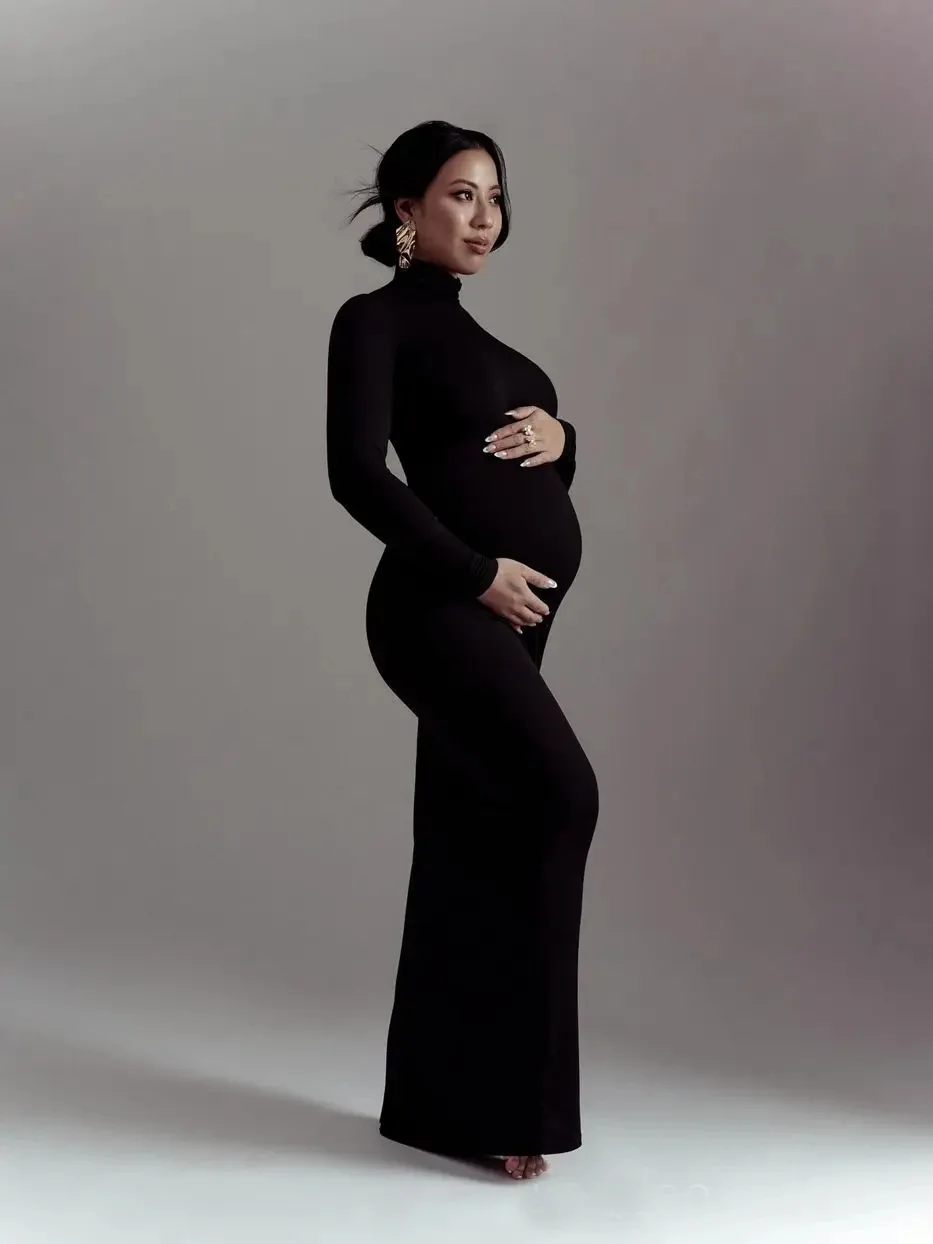 Robe Longue Élégante de Maternité à Col Roulé – Robe Maxi Moulante et Extensible pour Shooting Grossesse, Baby Shower & Usage Quotidien – Image 6