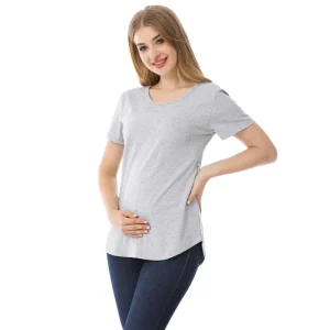 T-shirt manches courtes en coton extensible avec fermeture éclair pour allaitement et grossesse, ample, grande taille