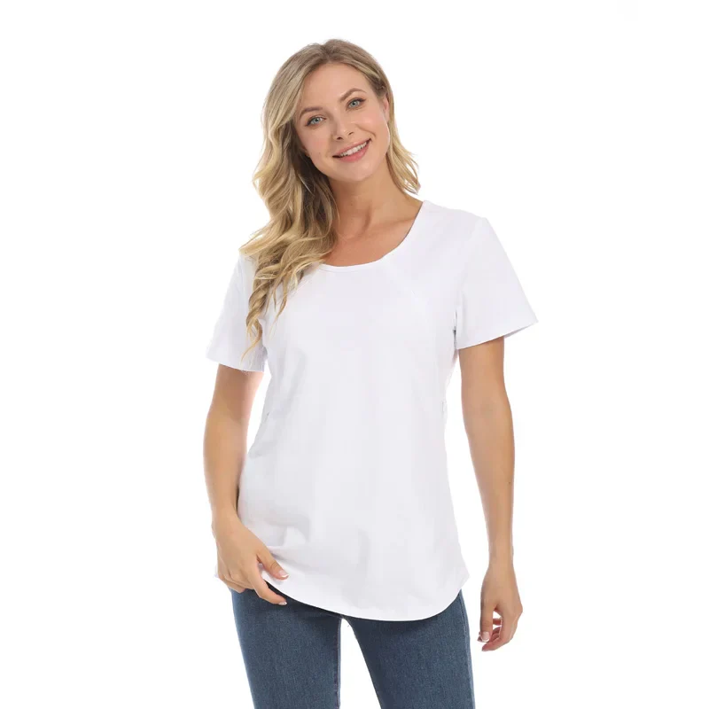 T-shirt manches courtes en coton extensible avec fermeture éclair pour allaitement et grossesse, ample, grande taille – Image 4