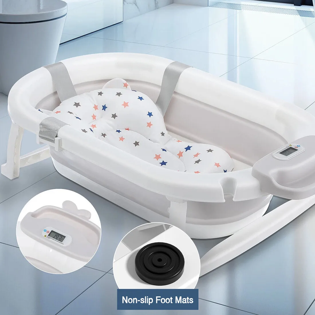 Grande baignoire bébé pliable (44L) avec capteur de température numérique, matériau non toxique, et coussin de bain lavable en machine pour nouveau-nés et tout-petits – Image 2