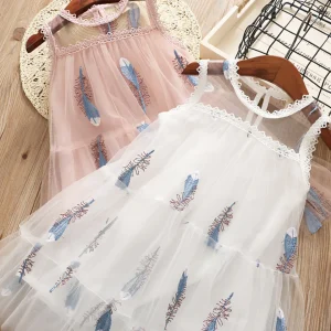 Robe décontractée en maille sans manches avec broderie de plumes pour filles