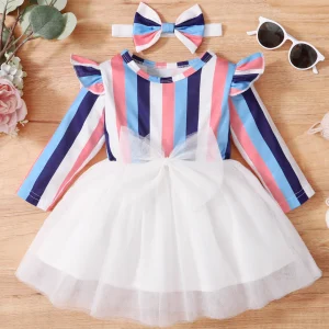 Ensemble robe d'été et bandeau pour fille à rayures fantaisie